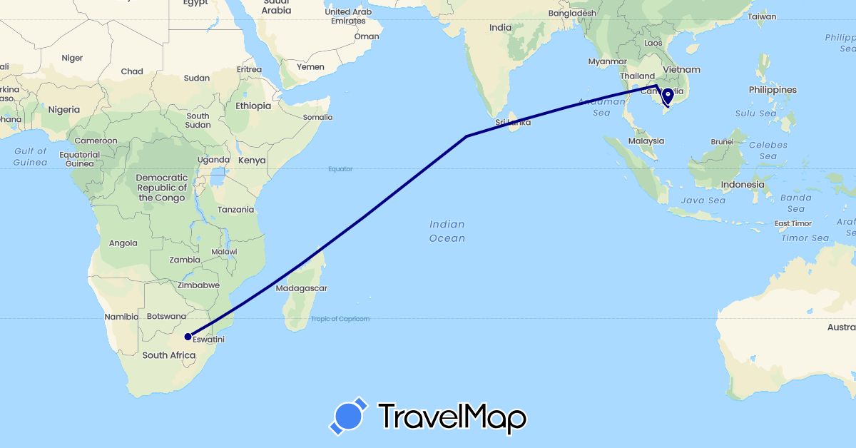TravelMap itinerary: driving in Cambodia, Maldives, Vietnam, South Africa (Africa, Asia)